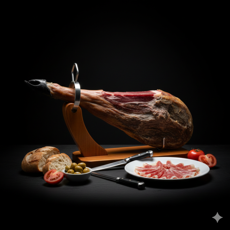 Cafetería Lapeña, Jamón ibérico de bellota en soporte jamonero con corte tradicional y acompañamiento de pan y tomates.