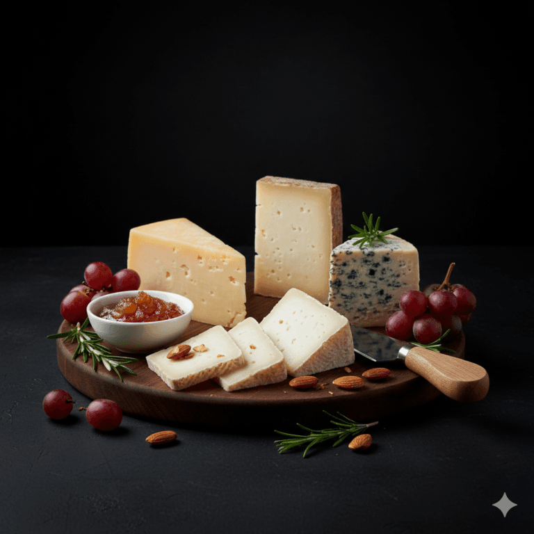 Cafetería Lapeña, Tabla de quesos españoles curados con uvas, almendras y membrillo sobre fondo oscuro.