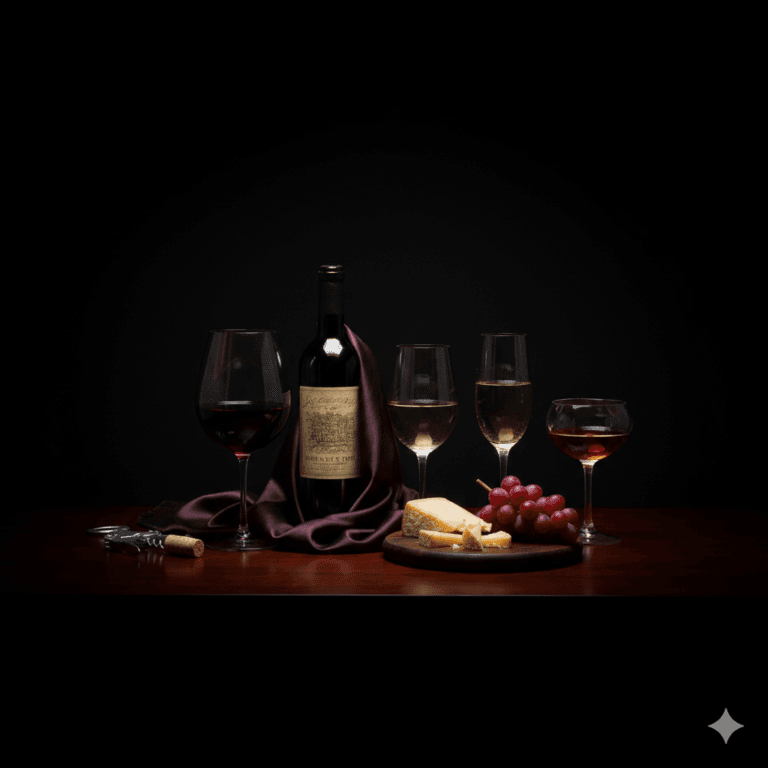 Cafetería Lapeña,Botella de vino tinto con copas de vino tinto, blanco y rosado maridadas con uvas y queso sobre fondo negro.